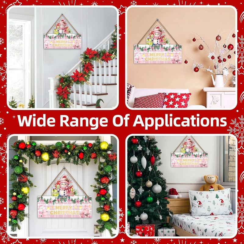 Hatzelou 1PCS Merry Christmas Wall Hanging Sign, Pink Wooden Sign for Front, Chrismas Theme Welcome with Snowman, Perfect for Winter Farmhouse Garden Porch Wall Decor (Christmas Door Sign) - Image 3